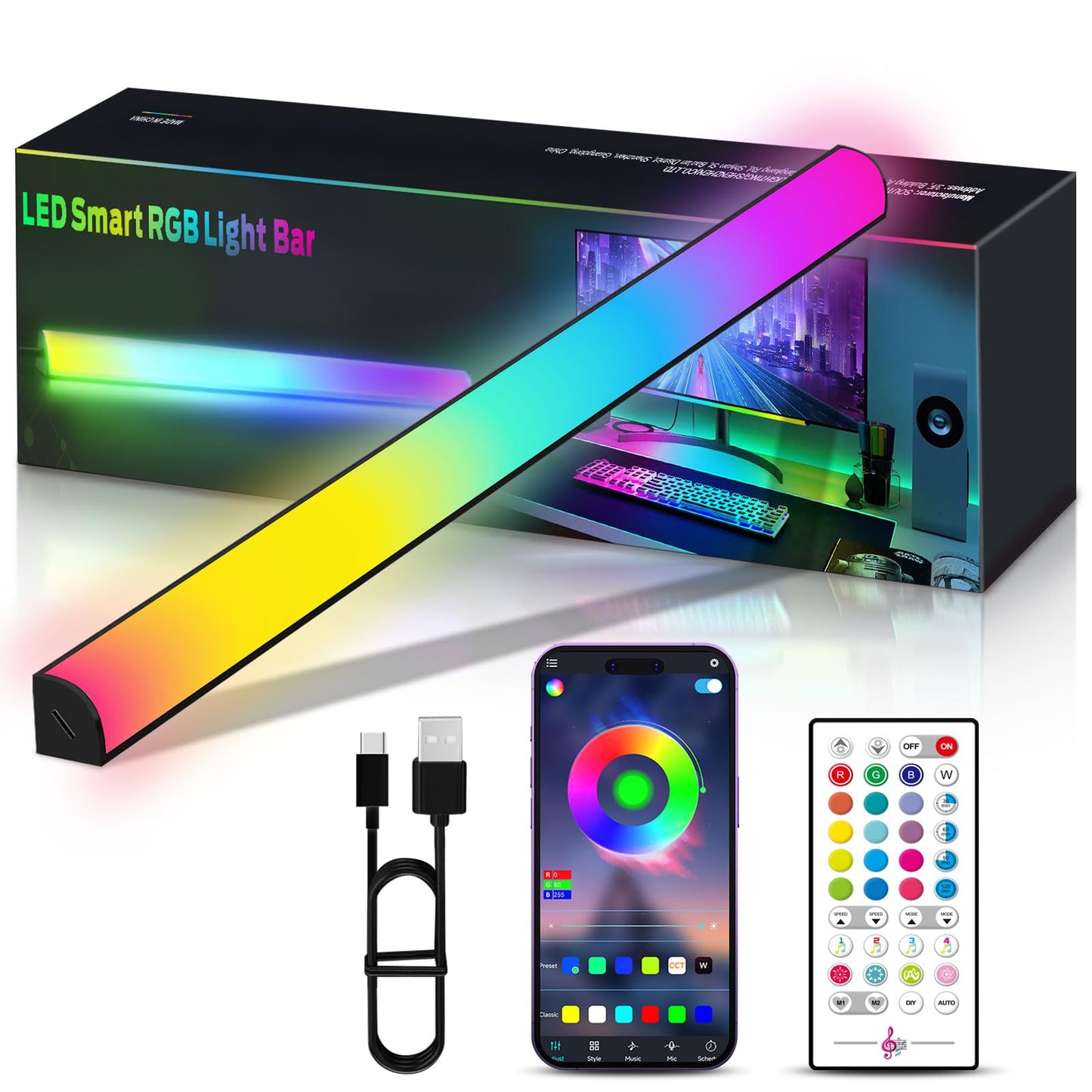 KANTUTOE Monitor Down Light Bar, RGB Screen Desk Light PC, Dimmable LED Dynamic Rainbow Effect, Adjustable Brightness, Speed and Music, Remote Control Color Change, for Game Room