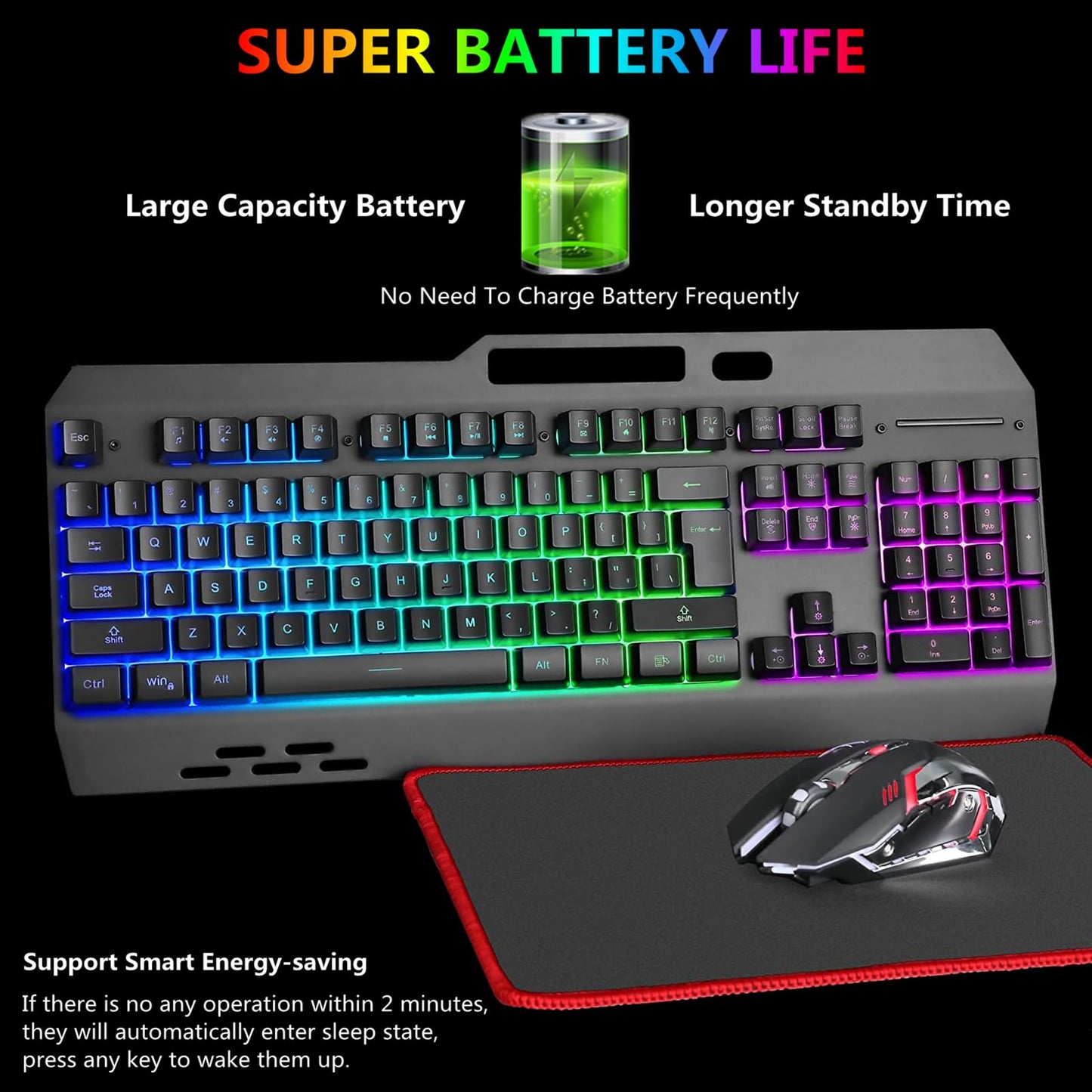 Wireless RGB Backlit Gaming Keyboard and Mouse, Rechargeable, Long Battery Life, Metal Panel Mechanical Feel Keyboard with Palm Rest, 7 Color Mouse and Mouse Pad for Game and Work - amzGamess