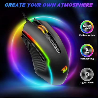 Redragon Gaming Mouse, Wired Gaming Mouse with RGB Backlit, 8000 DPI Adjustable, Mouse with 9 Programmable Macro Buttons & Fire Button, Software Supports DIY Keybinds, M910-K - amzGamess