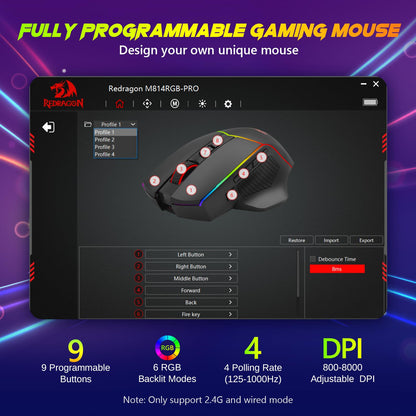 Redragon Wireless Gaming Mouse, Tri-Mode 2.4G/USB-C/Bluetooth Ergonomic Mouse Gaming, 8000 DPI, RGB Backlit, Fully Programmable, Rechargeable Wireless Computer Mouse for Laptop PC Mac, M814 - amzGamess