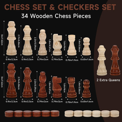 15" Wooden Chess Set | Folding Board, 2 Extra Queens | Magnetic Chess Board Set for Adults & Kids, Pieces Storage Slots Checkers Game for Kids Portable Travel Chess Game for Beginner