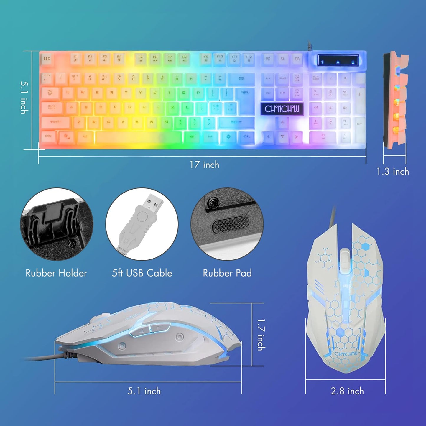 CHONCHOW LED Keyboard and Mouse, 104 Keys Rainbow Backlit Keyboard and 7 Color RGB Mouse, White Gaming Keyboard and Mouse Combo for PC Laptop Xbox PS4 Gamers and Work - amzGamess