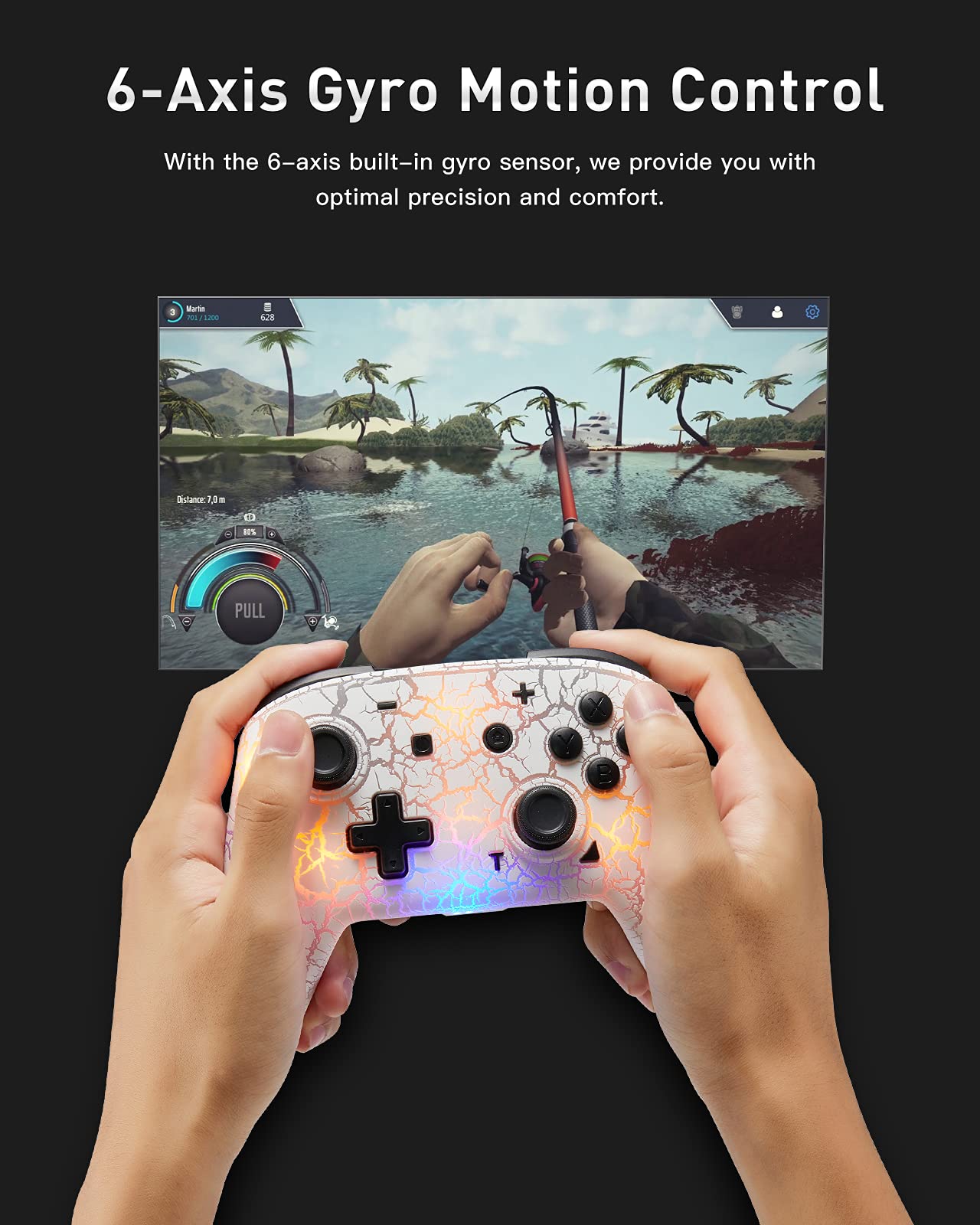 binbok Switch Controller, Wireless Switch Pro Controller for Switch/Switch Lite/Switch OLED, 8 Colors Adjustable LED Wireless Remote Gamepad with Unique Crack/Turbo/Motion Control (White) - amzGamess