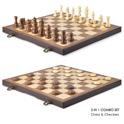 AMEROUS Magnetic Wooden Chess and Checkers Game Set, 15 Inches (2 in 1) Chess Board Games, 2 Extra Queens - Gift Package - Game Pieces Storage Slots, Beginner Chess Set for Kids, Adults - amzGamess