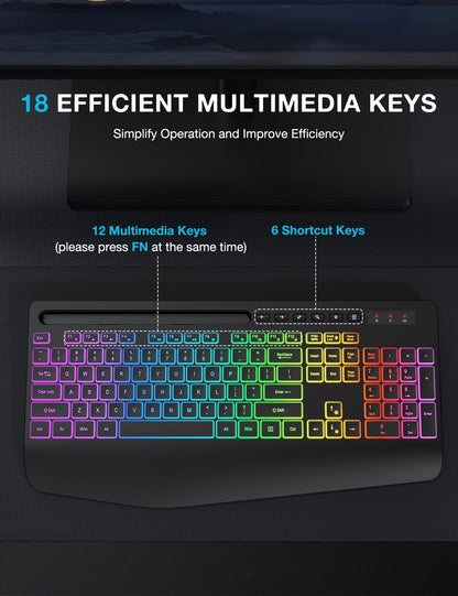 SABLUTE Wireless Keyboard with 8 Colors & 9 Effects Backlit, Wrist Rest, Phone Holder, Rechargeable Ergonomic Computer Keyboards, Full Size Silent 2.4G Cordless Keyboard for PC, Laptop, Mac, Windows