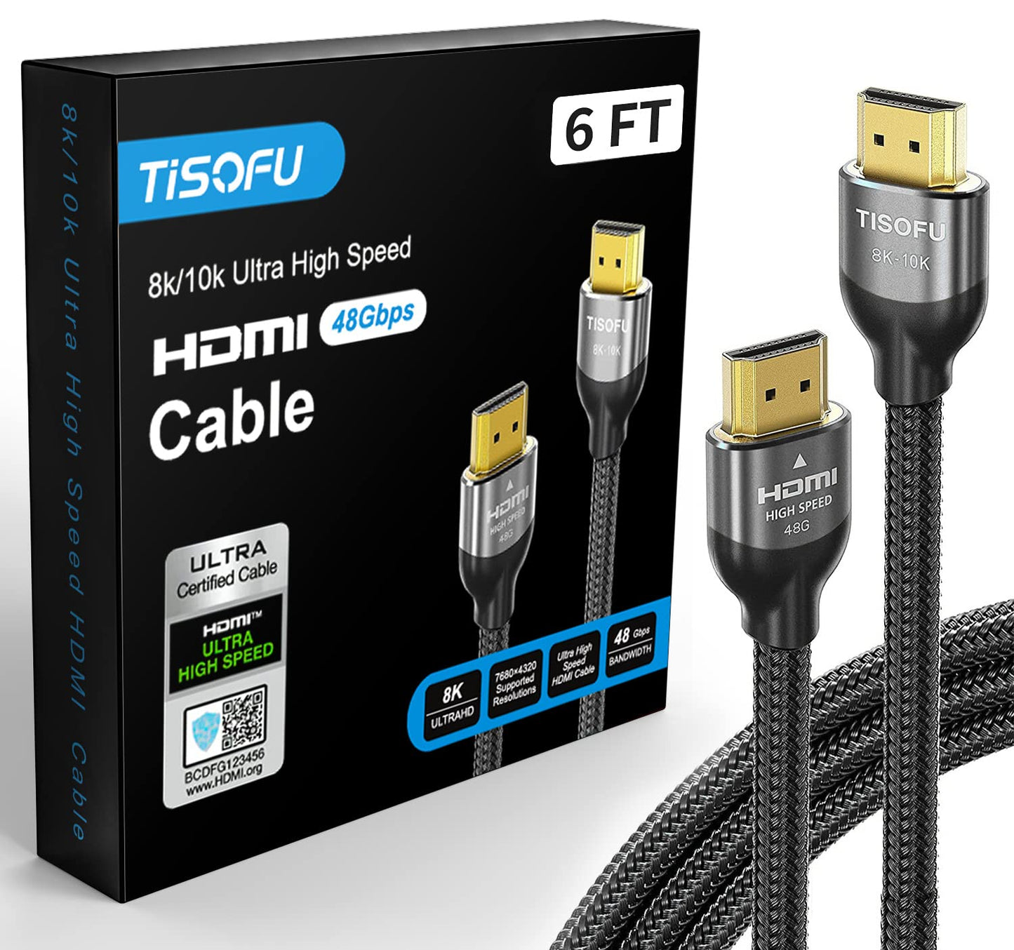 TISOFU Ultra Certified 10K 8K HDMI Cable 6FT: HDMI 2.1 Cables 48Gbps High Speed Premium Braided Cord 8K@60Hz 4K@120Hz 4K@144Hz HDCP 2.2&2.3 CL3 ARC eARC for HD/HDR/HDTV