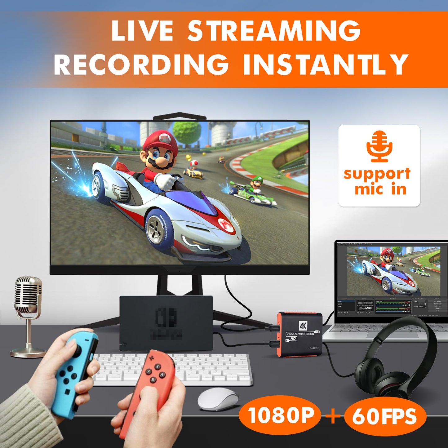 Capture Card for Nintendo Switch with 4K Pass-Through, USB3.0 1080P 60FPS HDMI Video Cam Link Game Capture for Streaming, Work with Xbox PS4 PS5 PC DSLR for OBS Twitch Live Broadcasting and Recording