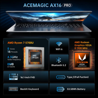 ACEMAGIC 16.1“ Laptop, AMD Ryzen 7 5700U(8C/16T, Beats i7-1265U) Gaming Laptop Computer 16GB DDR4 512GB NVMe SSD, Radeon RX Vega 8 Graphics, BT5.2, USB_C, 53Wh Battery, WiFi 6, Backlit KB