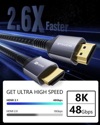 Stouchi 8K HDMI 2.1 Cable 6ft 48Gbps, (Certified) Ultra High Speed HDMI Cables, 8K60Hz 4K120Hz 144Hz eARC HDCP 2.2&2.3 SBTM HDR10+ Dolby Compatible with PS5/PlayStation 5/Xbox Series X/Apple TV 4K