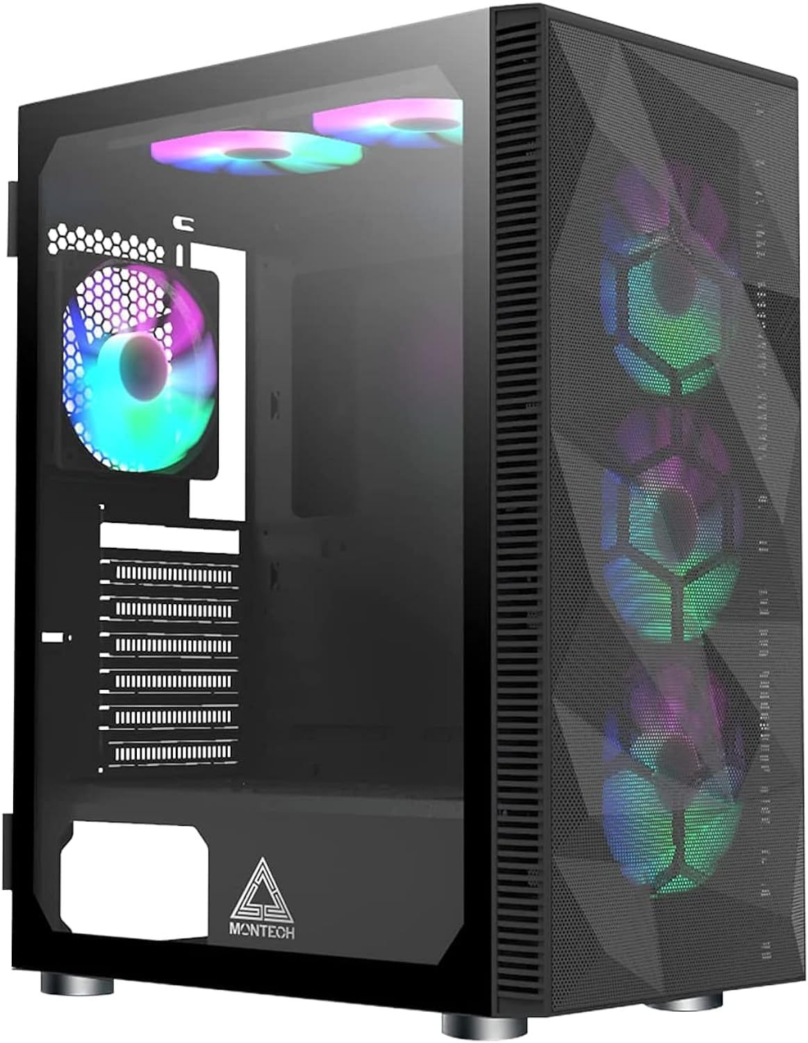 X3 Mesh, 6 Fans - 3x 140mm & 3x 120mm Fixed RGB Lighting Fans, ATX Mid-Tower PC Gaming Case, USB3.0, Door Open Tempered Glass Side Panel, High Airflow, Black