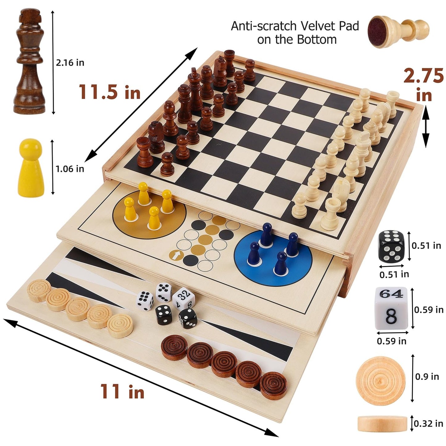 Juegoal 7-in-1 Wooden Board Game Set for Kids Adults, Tabletop Combo Classic Travel Portable Board Games (Chess, Checkers, Chinese Checkers, Backgammon, Parcheesi, Snakes and Ladders, Tic Tac Toe) - amzGamess