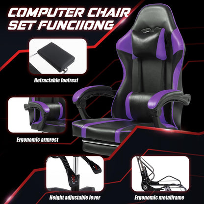 Video Game Chair for Adults, Computer Chair Gaming Chairs for Kids, Adjustable Lumbar Pillow Headrest Office Desk Chair Gamer Chair with Footrest, Purple