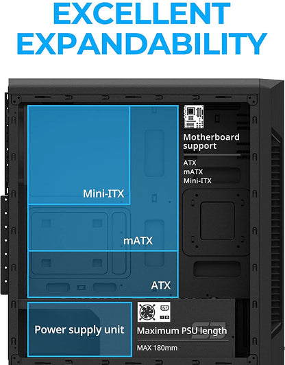 Zalman S3 TG - ATX Mid Tower Computer PC Case - Tempered Glass Side Panel - 3 x 120mm Case Fan Pre-Installed, Black