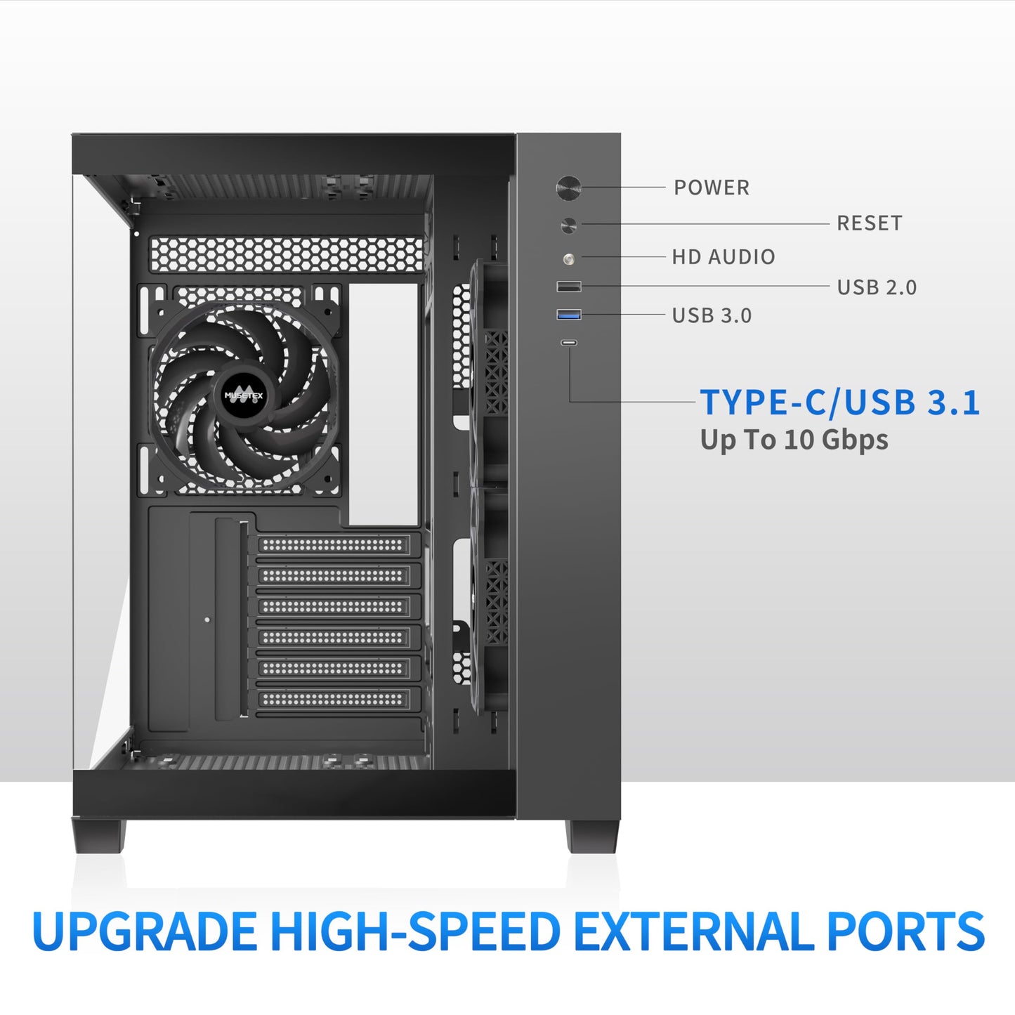 MUSETEX ATX PC Case, 3 x 120mm Fans Pre-Installed, 360MM RAD Support, 270° Full View Tempered Glass Gaming PC Case with Type-C, Mid Tower ATX Computer Case, Black, Y6