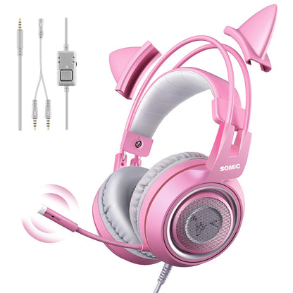 SOMIC G951s Pink Stereo Gaming Headset with Mic for PS4,Xbox,PC,Mobile Phone,3.5mm Noise Reduction Cat Ear Headphones Lightweight Over Ear Headphones for Girls - amzGamess