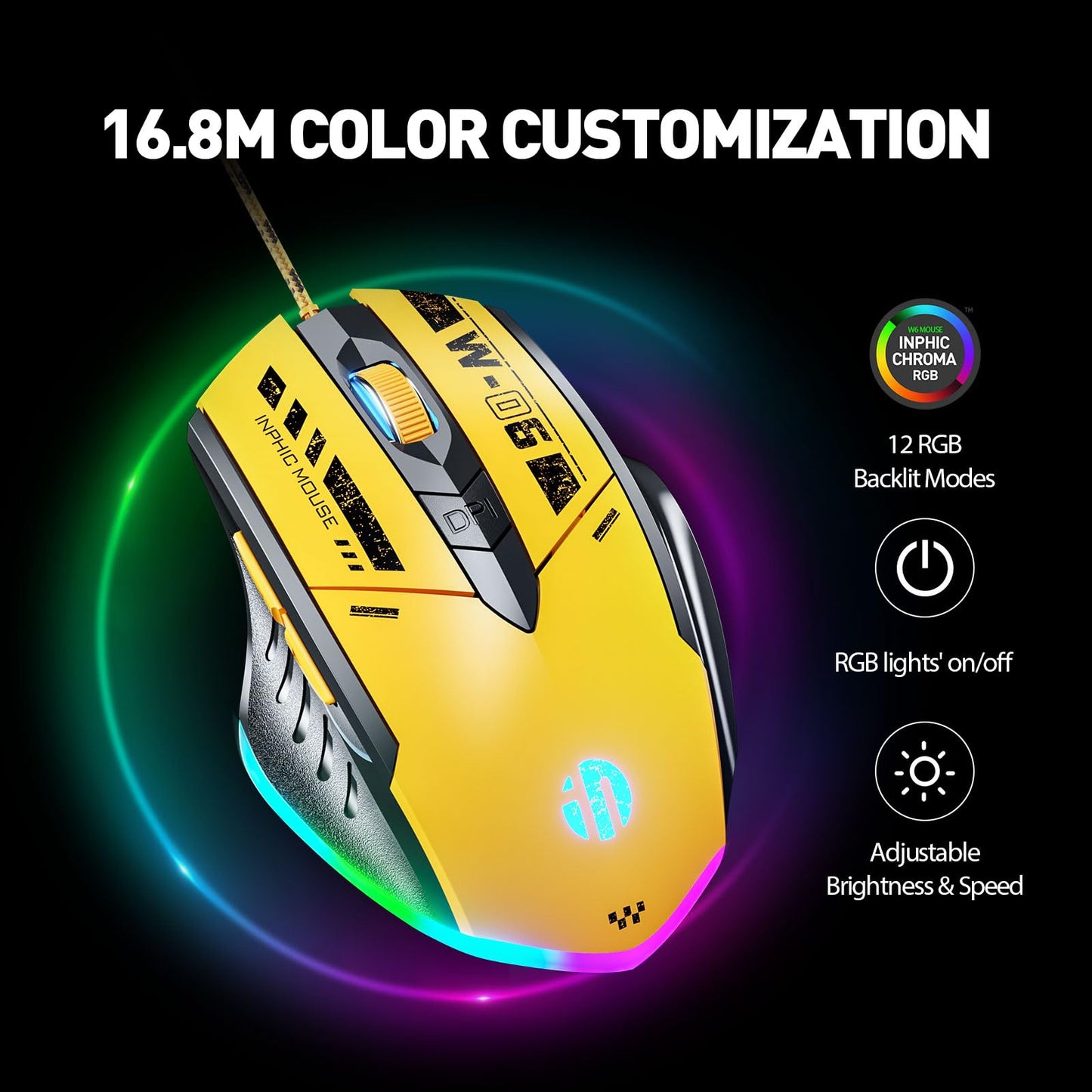 INPHIC W6 Wired Gaming Mouse 12800 DPI High-Precision, 6 Programmable Buttons, Breathing RGB Backlit Ergonomic Computer Gamer Mouse for Windows/PC/Mac/Laptop - Yellow