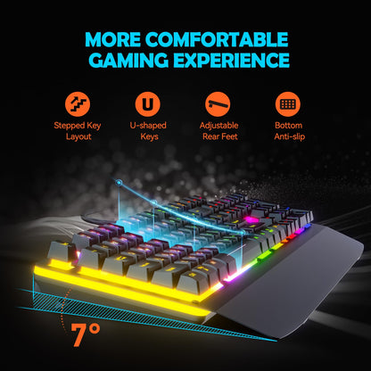 Gaming Keyboard, RGB Light Up Keyboard with Extended Wrist Rest Metal Panel, 104 Keys Rainbow Backlit Wired Keyboard for Gaming, Full Size Quiet Computer Keyboard, Multimedia Keys, Anti-ghosting Keys - amzGamess