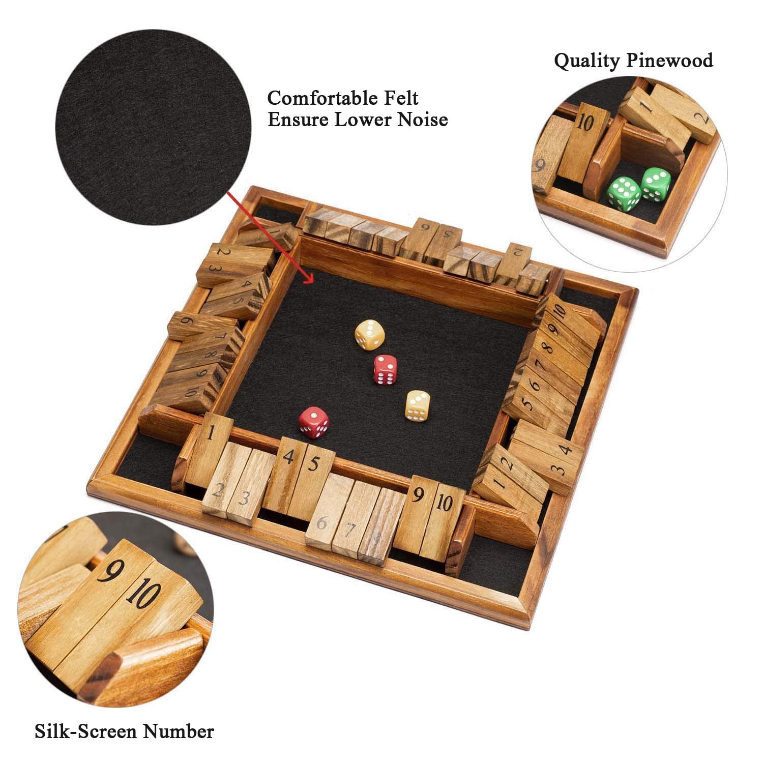 AMEROUS 1-4 Players Shut The Box Dice Game, Wooden Board Table Math Game with 12 Dice and Shut-The-Box Instructions for Kids Adults, Family Classroom Home or Pub (12 Inches) - amzGamess