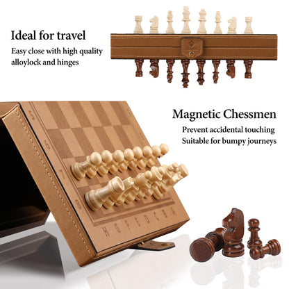 Rinten Chess Set Board for Kids & Adults, 12" Leather Travel Magnetic Chess & Checkers Folding Board 2 in 1 Sets, Portable Folding Chess Boards with 3 Velvet Bag Packaging Pieces