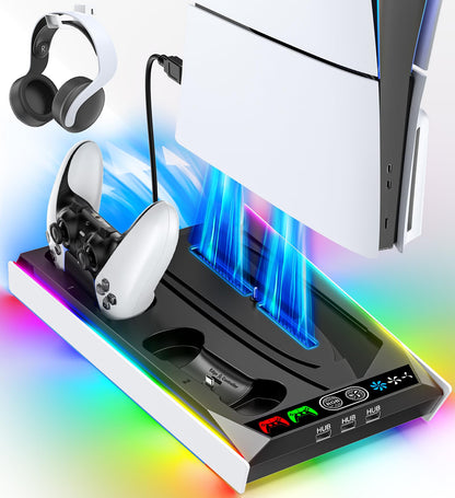 PS5 Stand for PS5 Slim Disc/PS5 Disc & Digital, 3-Level Cooling Station and RGB LED with Controller Charger for PS5 & Edge Controller, PS5 Accessories with 3 Charging Ports (Not Fit PS5 Slim Digital) - amzGamess