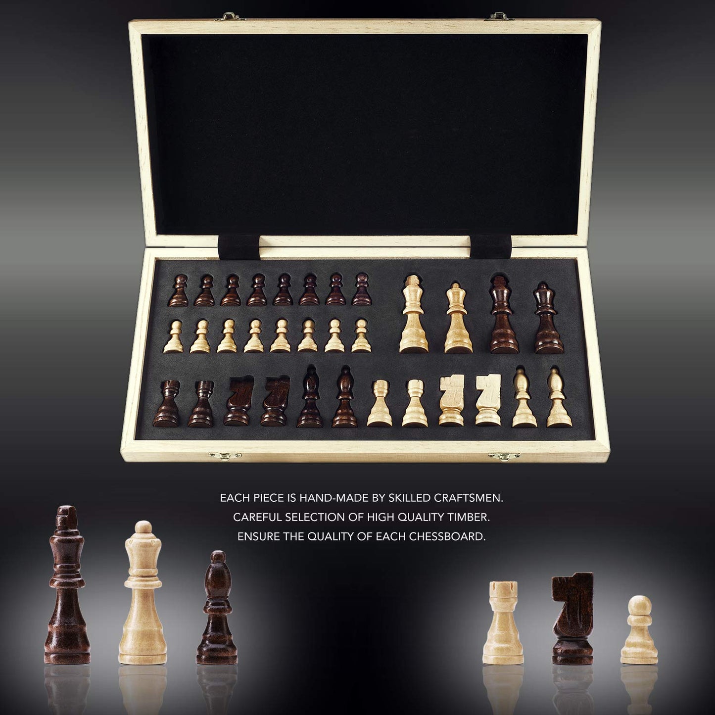 AMEROUS Chess Set, 15"x15" Folding Magnetic Wooden Standard Chess Game Board Set with Wooden Crafted Pieces and Chessmen Storage Slots