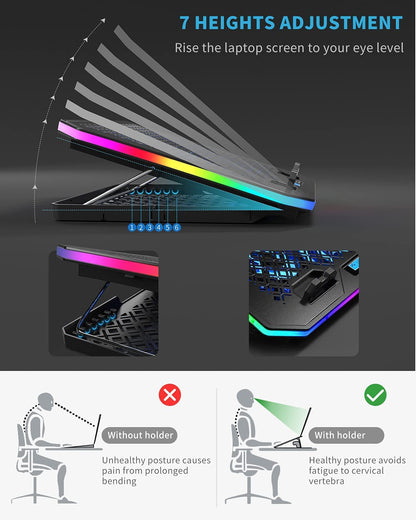 KeiBn Upgarde Laptop Cooling Pad, RGB Lights Laptop Cooler 6 Fans for 15.6-17.3 Inch Laptops, 7 Height Stands, 10 Modes Light, 2 USB Ports, Desk or Lap Use (A8,Blue)