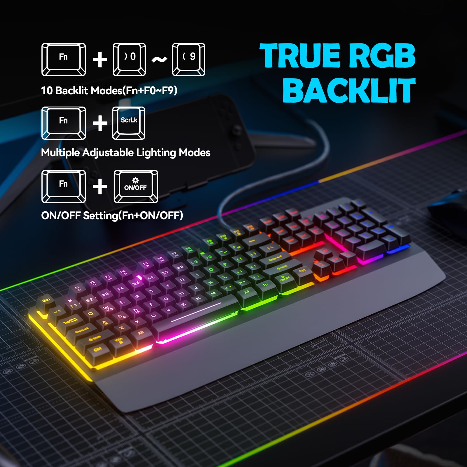 Gaming Keyboard, RGB Light Up Keyboard with Extended Wrist Rest Metal Panel, 104 Keys Rainbow Backlit Wired Keyboard for Gaming, Full Size Quiet Computer Keyboard, Multimedia Keys, Anti-ghosting Keys - amzGamess