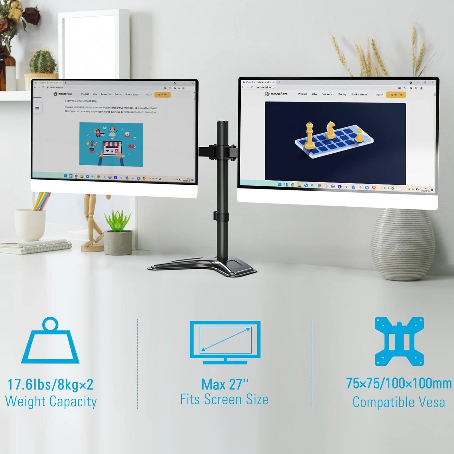 MOUNTUP Dual Monitor Stand, Free-Standing Monitor Stands for 2 Monitors up to 27 inches, 17.6 lbs Each, Fully Adjustable Dual Monitor Mount for Desk, VESA Stand 75x75mm, 100x100mm