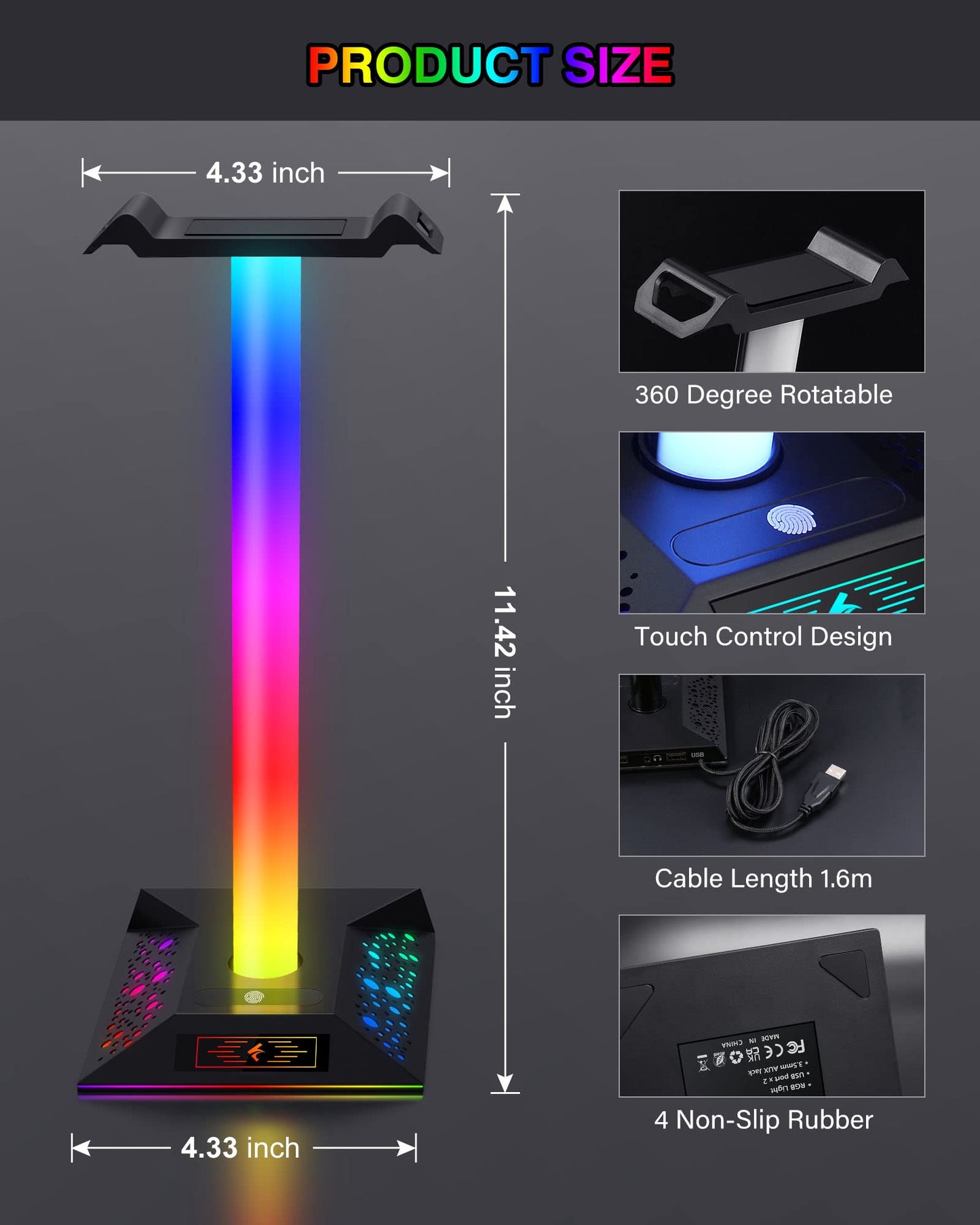 Gaming Headphone Stand PC Accessories - RGB Headset Stand with 2 USB Charger, Cool LED Headphone Holder PC Gaming Accessories Gift for Boys Men Gamers, Computer Game Hardware for Desk - amzGamess