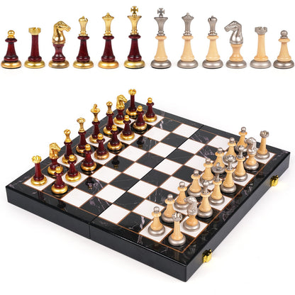 Wooden+Metal Chess Set for Adults and Kids – Marbling Chess Board with Chess Pieces – Portable Travel Chess Sets Metal Wooden Chessmen Folding Chessboard – Two Extra Queens