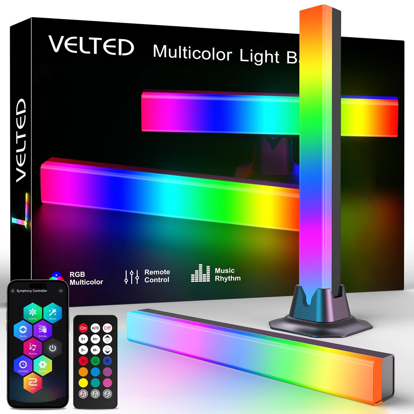 VELTED RGB Light Bar, Smart Music Sync RGB IC LED Lights Bars, USB Powered Ambient Lighting, Remote Control Color Changing Gaming TV Backlight, for PC Room Monitor Desk
