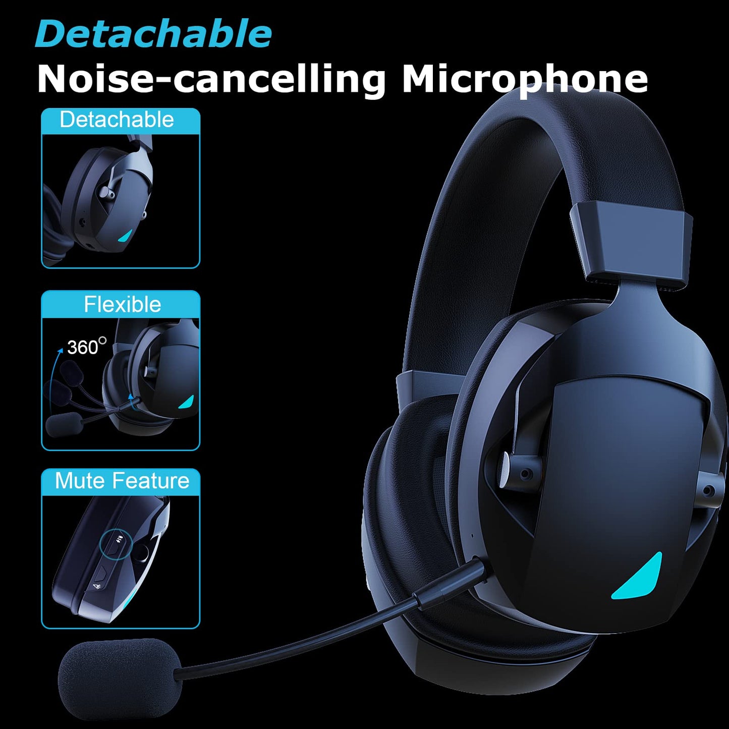 Acinaci Wireless Gaming Headset with Detachable Noise Cancelling Microphone, 2.4G Bluetooth - USB - 3.5mm Wired Jack 3 Modes Wireless Gaming Headphones for PC, PS4, PS5, Mac, Switch, Phone, Tablet - amzGamess