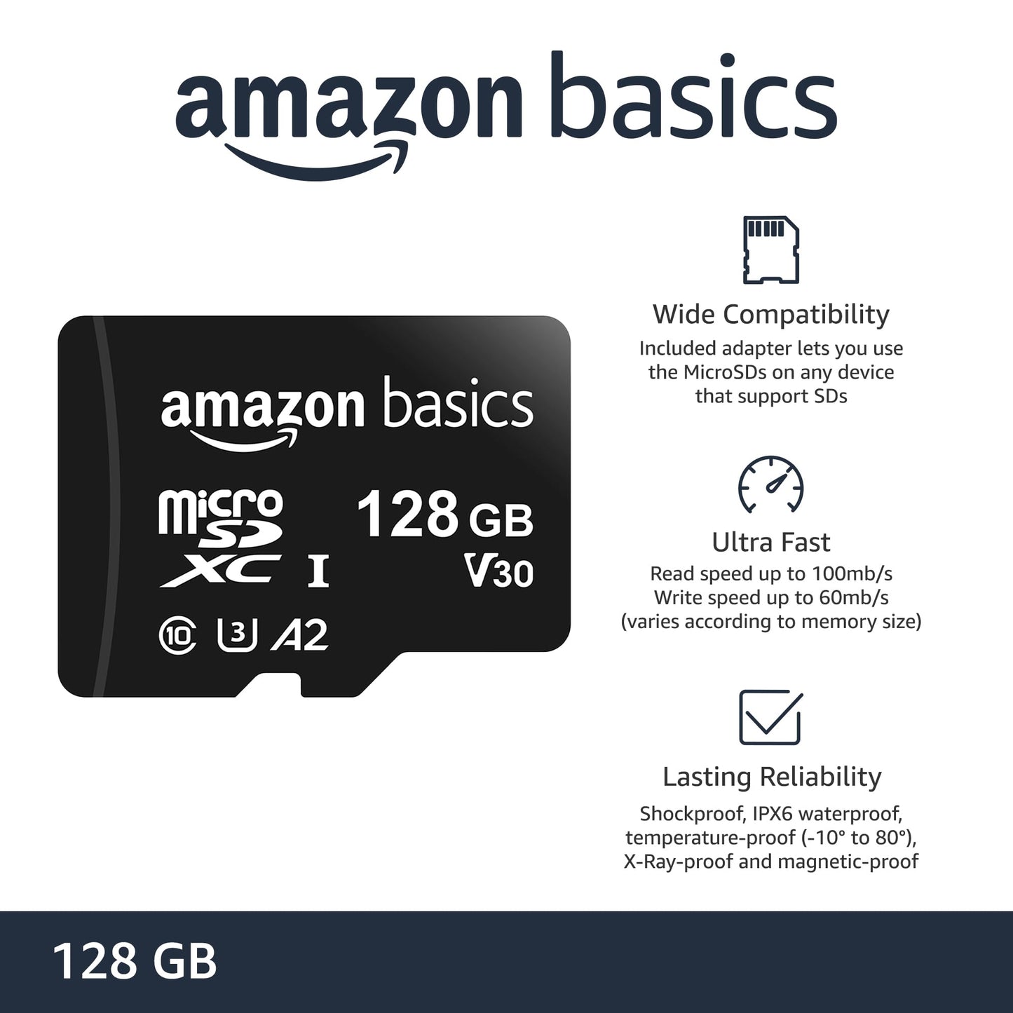 Amazon Basics Micro SDXC Memory Card with Full Size Adapter, A2, U3, Read Speed up to 100 MB/s, 128 gb, Black