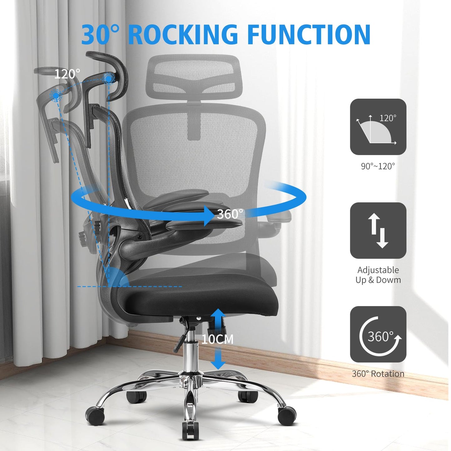 Office Chair with Headrest, Ergonomic Desk Chair with Flip-up 3D Armrest, Lumbar Support Computer Chair, Adjustable Height and 360° Rotation Home Chair (Style 1)