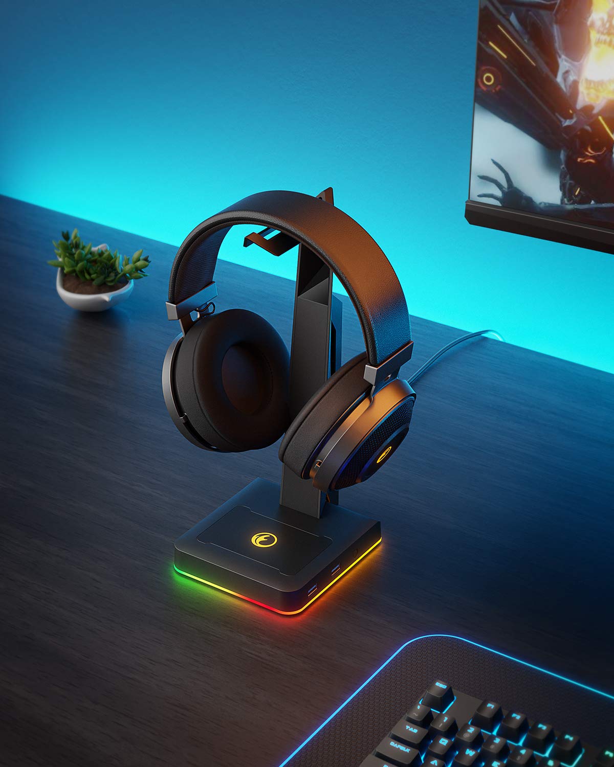 IFYOO RGB Gaming Headset Stand with 2 USB Ports, Game Headphone Mount for PC, Xbox One, PS4, Switch, Earphone Holder Hanger, Great for Gaming Stations, Fancy Desk Gamer Accessories, Black - amzGamess