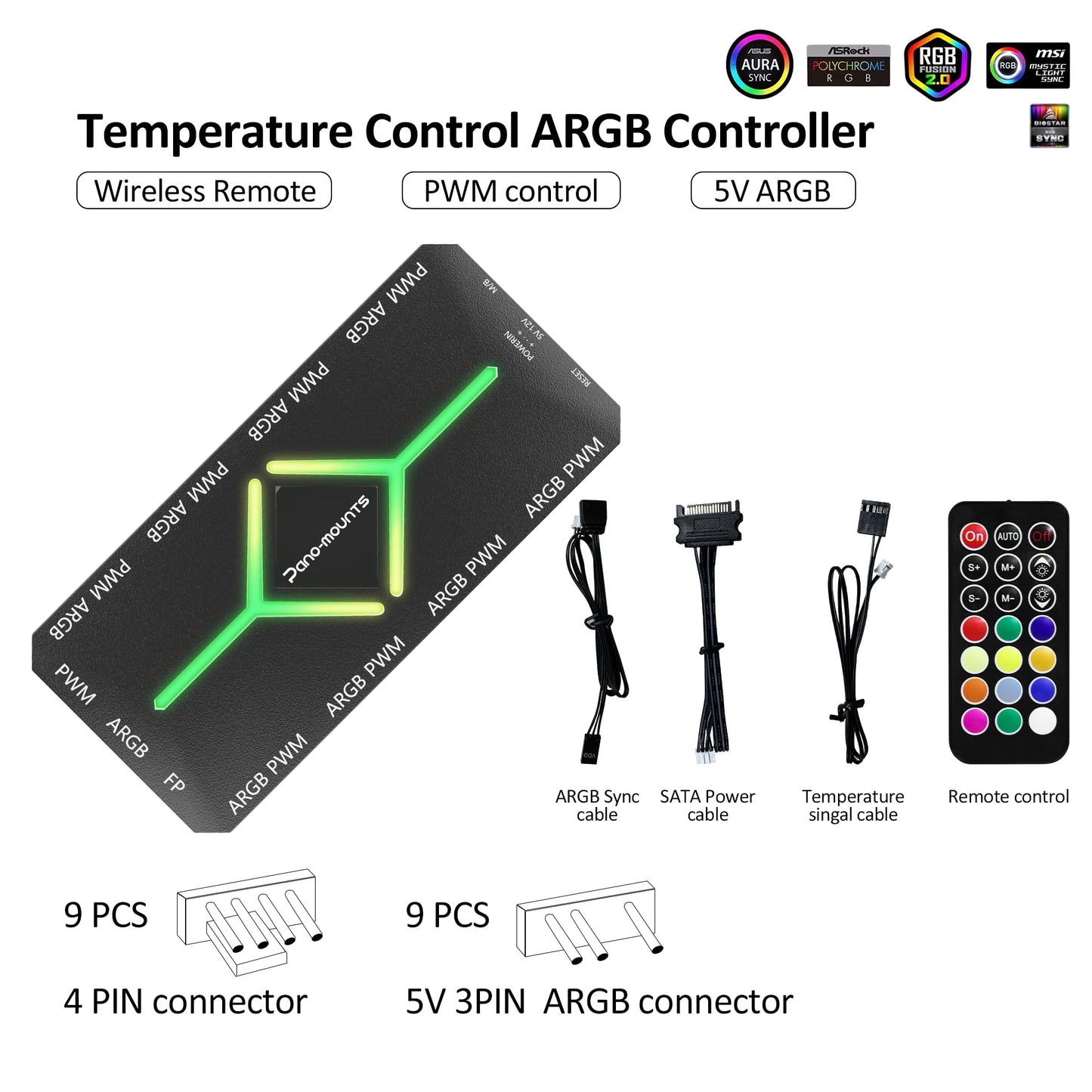 PWM Fan Hub for 5V Addressable ARGB Computer PC Case Fan PWM 1 to 9 Ports Magnetic Fan Hub Splitter with Remote SATA Power Supply Black