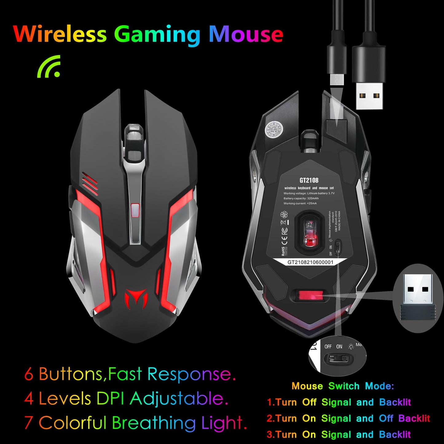 Wireless RGB Backlit Gaming Keyboard and Mouse, Rechargeable, Long Battery Life, Metal Panel Mechanical Feel Keyboard with Palm Rest, 7 Color Mouse and Mouse Pad for Game and Work - amzGamess