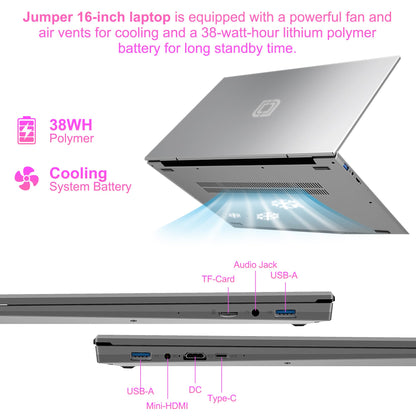 jumper Laptop, 16 Inch Laptops, Alder Lake-N100 Quad Core CPU(Up to 3.4GHz), 16GB RAM 512GGB SSD, 4 Speakers.