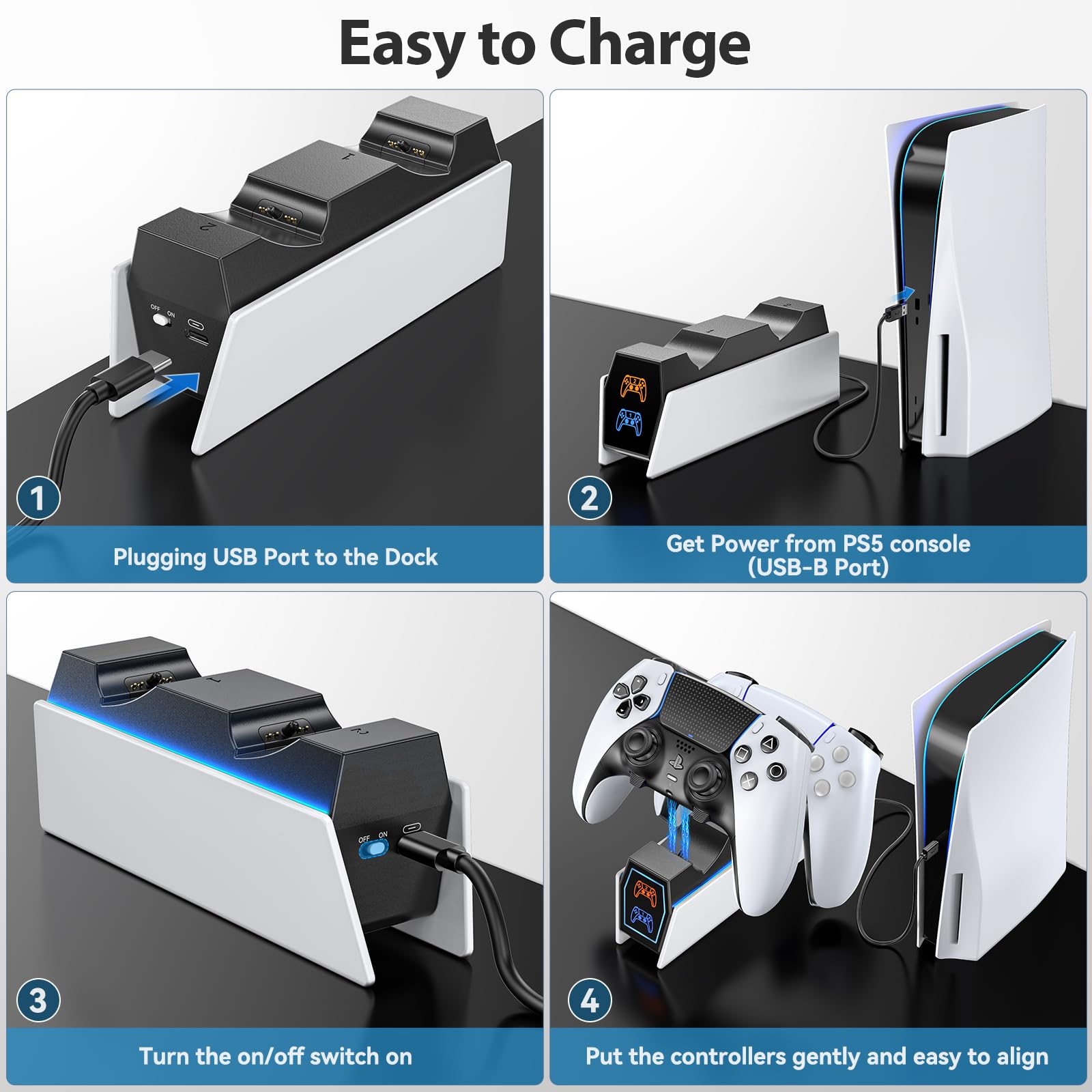 PS5 Controller Charger Station Compatible with Playstation 5 Storage Edge & Dual Controller, PS5 Accessories Charging Station with Charging Cable, PS5 Charging Dock Stand with LED Indicators, White - amzGamess