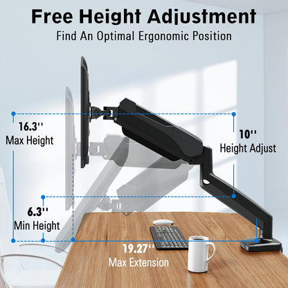 MOUNTUP Single Monitor Desk Mount, Adjustable Gas Spring Monitor Arm Support Max 32 Inch, 4.4-17.6lbs Screen, Computer Monitor Stand Holder with Clamp/Grommet Mounting Base, VESA Mount Bracket, Black