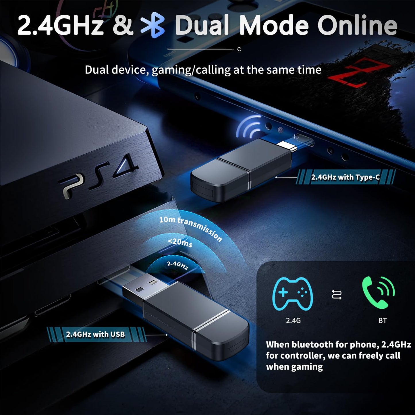 Wireless Gaming Headset 7.1, Bluetooth 5.3 & 2.4GHz Type-C & USB Gaming Headphones with 40H+, Gaming Headsets for PS5, PS4, PC, Switch, Phone - amzGamess