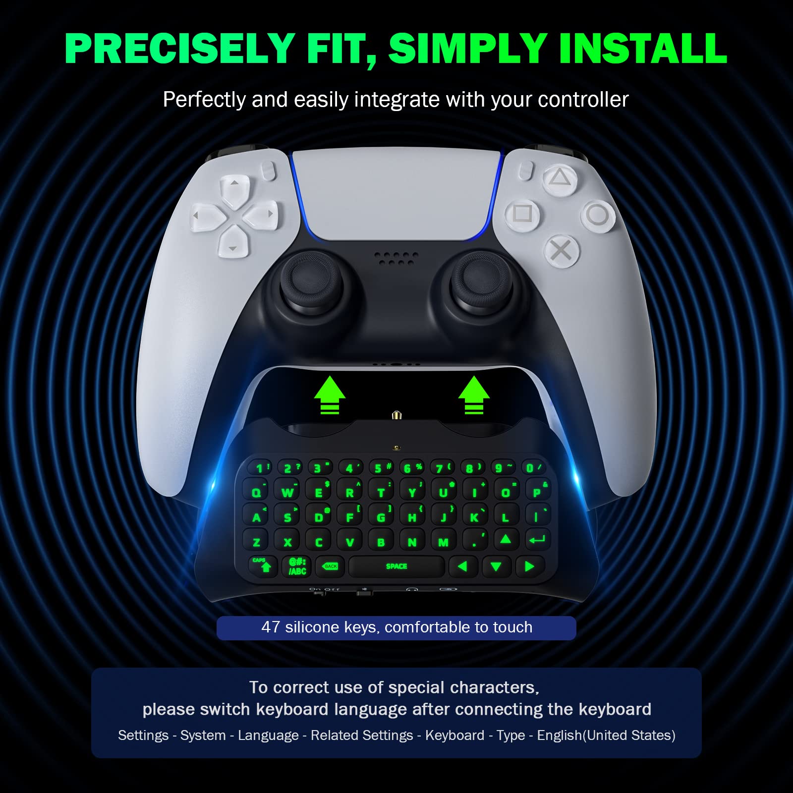 MoKo Keyboard for PS5 Controller with Green Backlight, Bluetooth Wireless Mini Keypad Chatpad for Playstation 5, Built-in Speaker & 3.5mm Audio Jack for PS5 Controller Accessories - amzGamess