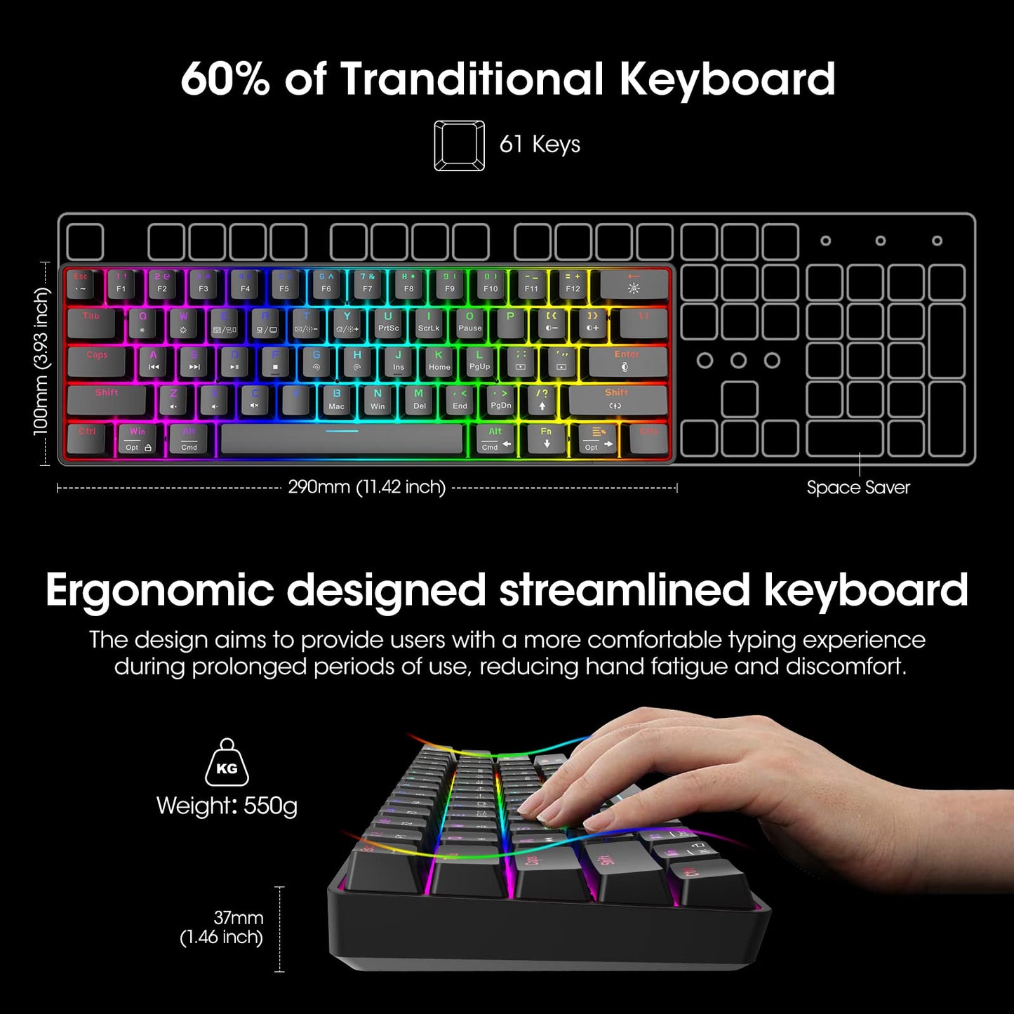 KOORUI 60% Gaming Keyboards, 61 Keys Wired Ultra-Compact Mechanical Keyboard 26 RGB Backlit with Red Switch Mini Keyboards for Windows MacOS Linux - amzGamess