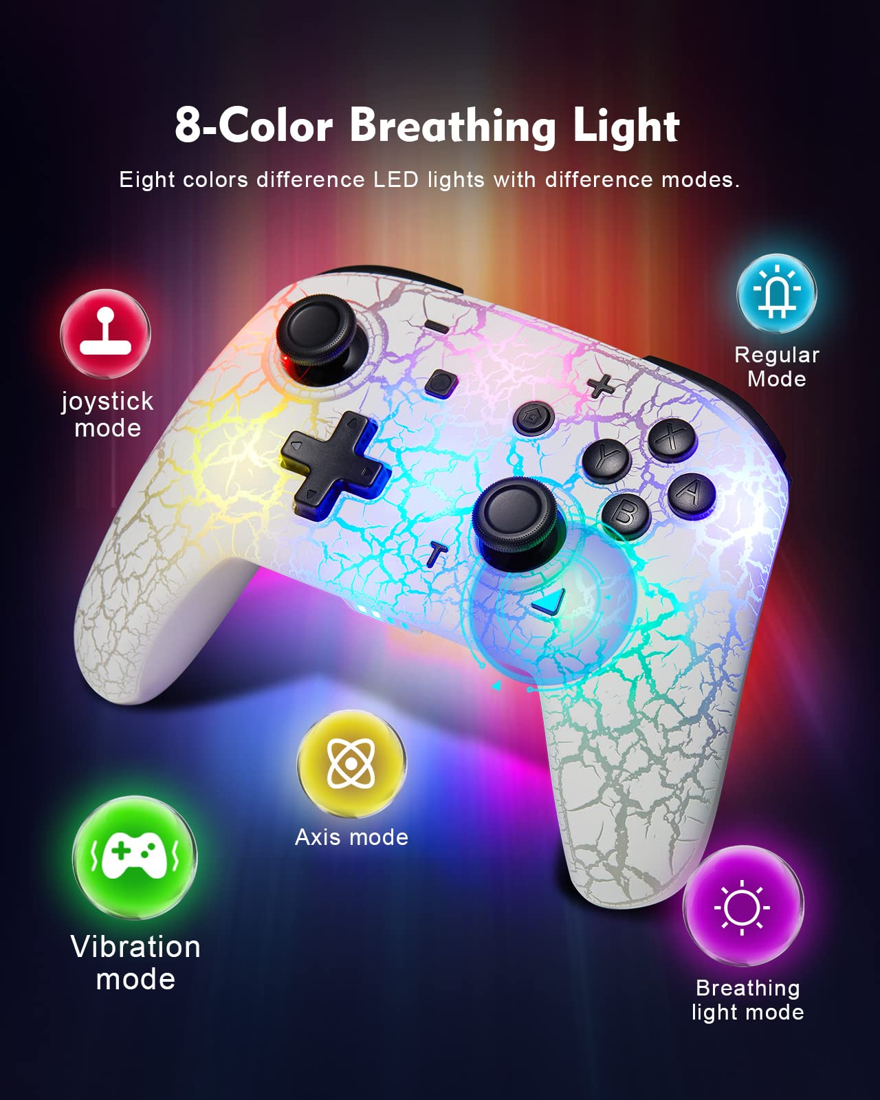 binbok Switch Controller, Wireless Switch Pro Controller for Switch/Switch Lite/Switch OLED, 8 Colors Adjustable LED Wireless Remote Gamepad with Unique Crack/Turbo/Motion Control (White) - amzGamess