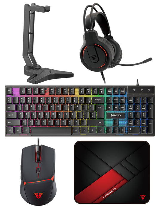 FANTECH P51S Gaming Keyboard and Mouse Combo, Gaming Headset and Headphone Stand Gaming Mouse Pad Wired RGB Rainbow Backlight PC Gamer Basic 5 in-1 Gaming Set - amzGamess