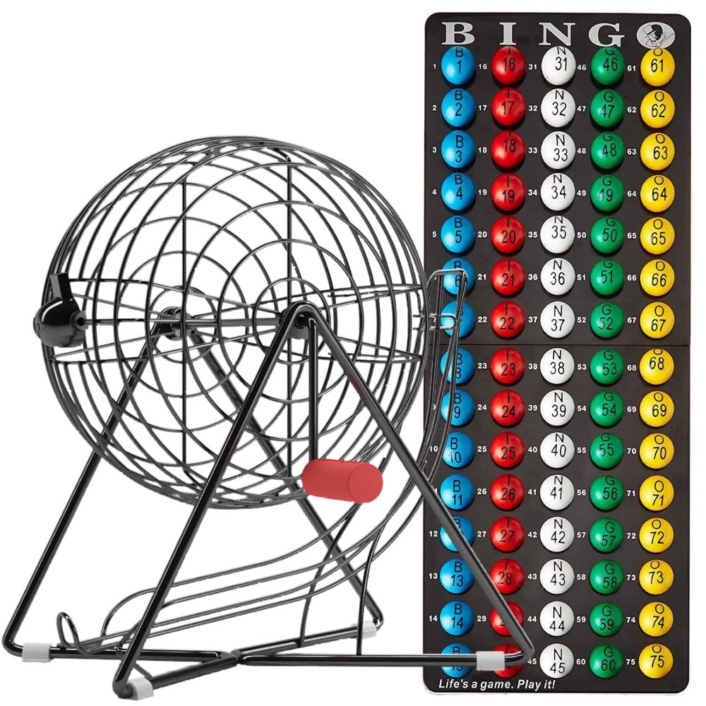 MR CHIPS 11" (Inch) Tall Professional Bingo Set with Steel Bingo Cage, Everlasting 7/8” Bingo Balls, Master Board for Bingo Balls - Mysterious Black Color