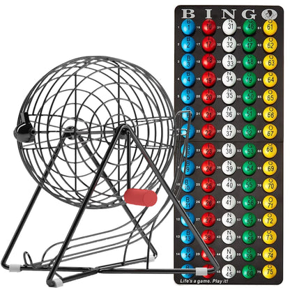 MR CHIPS 11" (Inch) Tall Professional Bingo Set with Steel Bingo Cage, Everlasting 7/8” Bingo Balls, Master Board for Bingo Balls - Mysterious Black Color