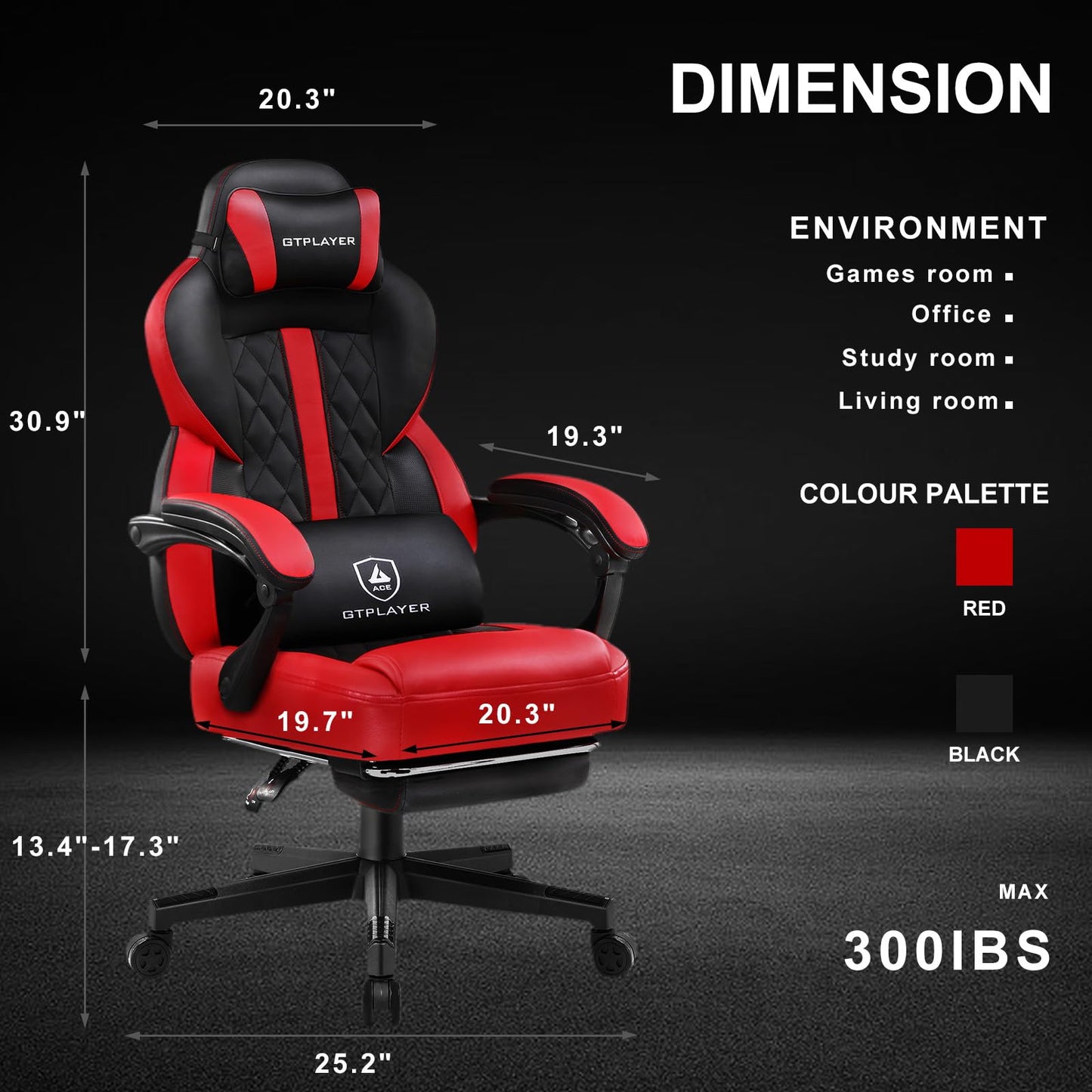GTPLAYER Gaming Chair,Ergonomic Computer Desk Chair with Footrest and Massage Lumbar Support, High Recliner Chair with 360° Swivel Seat and Headrest (Red)