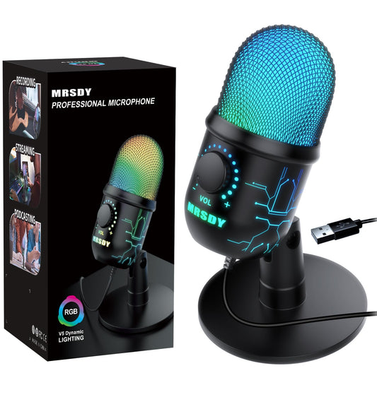 MRSDY Gaming Microphone, USB Computer Microphone for PC, Mac, PS4/5, Condenser Podcast Mic for Studio Recording, YouTube, Streaming, with Headphone Jack, Led Light, Mute, Gain, Noise Cancellation - amzGamess