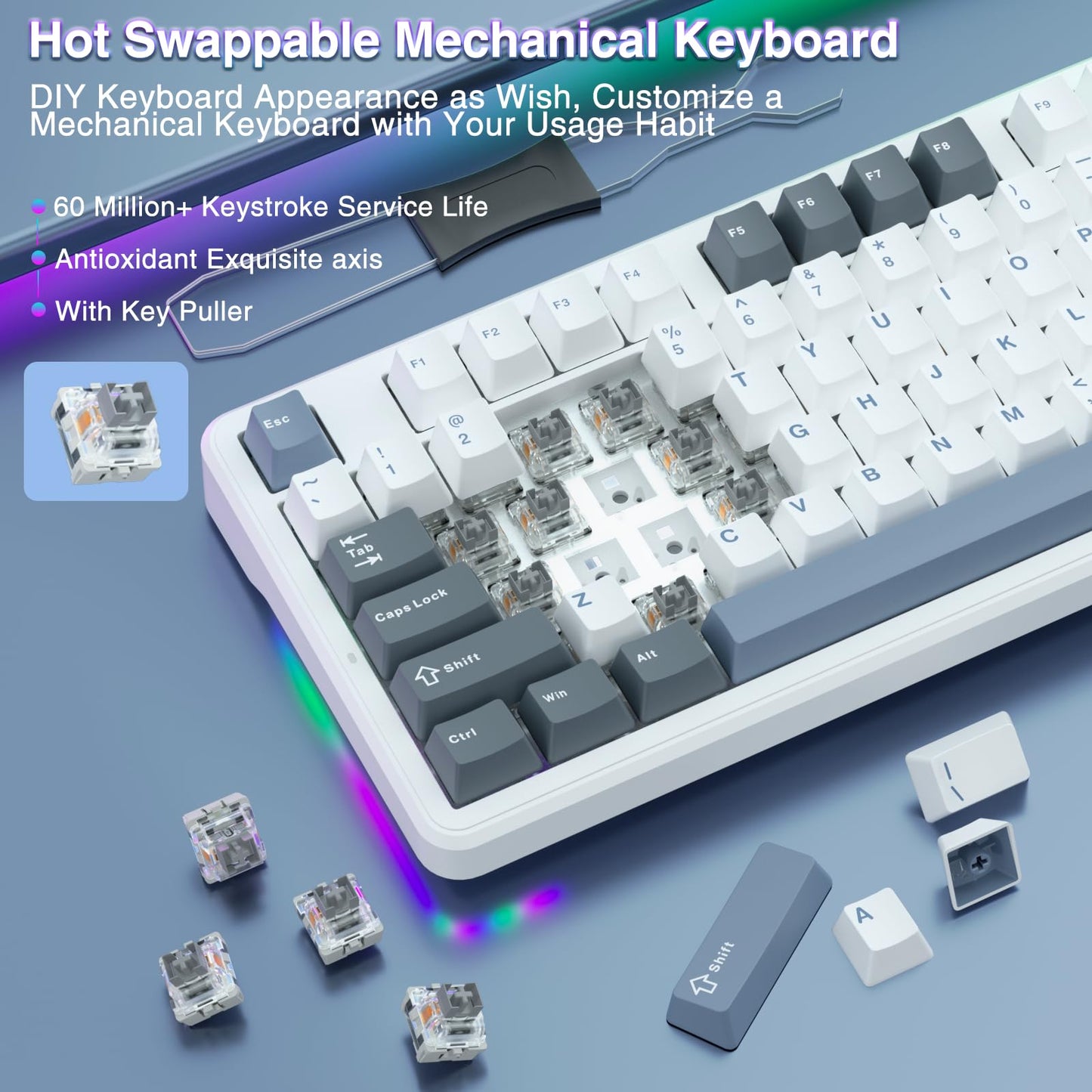 AULA F87 Wireless Mechanical Keyboard,75% TKL Gasket Custom Hot Swappable Keyboard,2.4Ghz/Type-C/Bluetooth Gaming Keyboard,Pre-lubed Greywood Switch RGB Backlit Keyboard for WINS/PC/Mac (White & Blue)